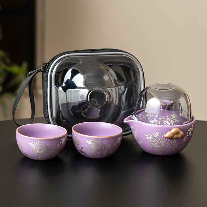 描银牡丹旅行茶具套装小套功夫便携式快客杯高档茶壶茶杯一壶二杯