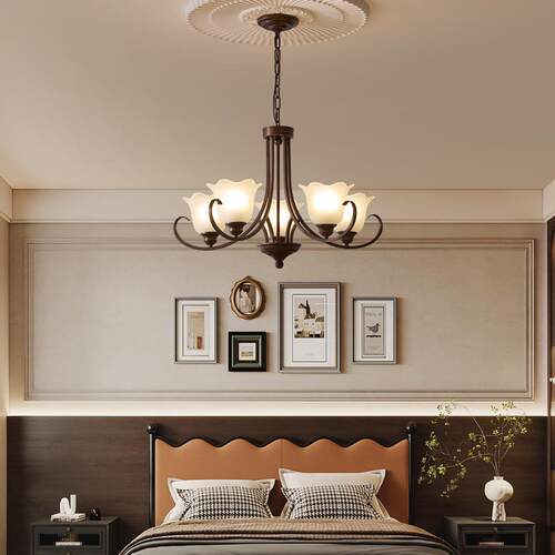 美式红古拉丝客厅吊灯中古复古别墅大厅主灯卧室过道餐厅灯具