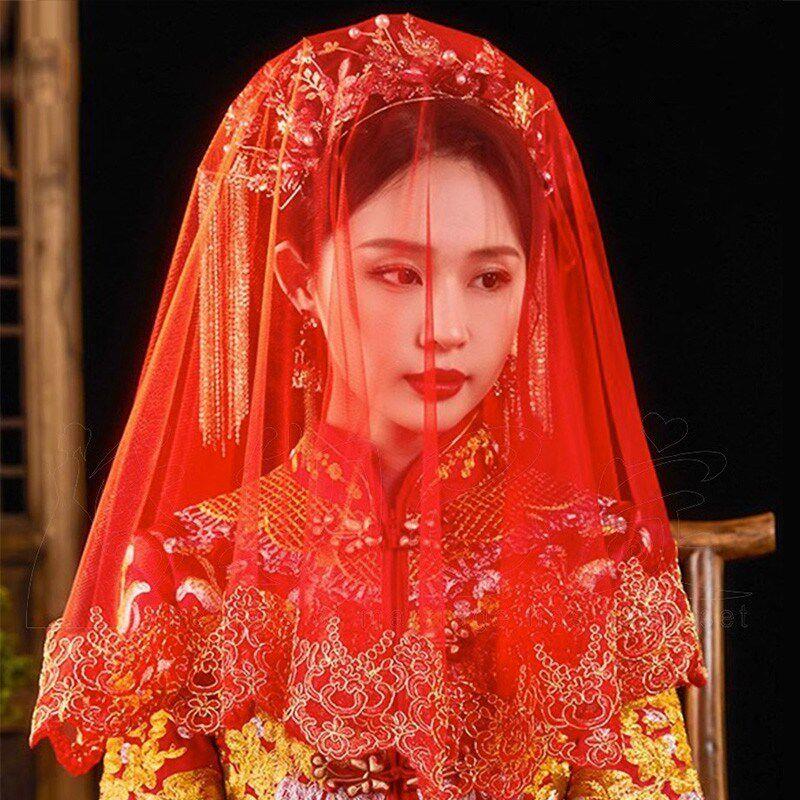 红盖头新娘结婚2023秀禾服高级出嫁红色头纱巾蕾丝高档汉服蒙头红