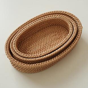 秋藤木质纯手工编织居家茶几餐厅水果糕点餐具椭圆美式 收纳盘