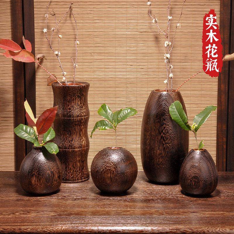 中式复古实木花瓶禅意喝茶桌子小摆件侘寂风民宿餐桌花器玄关装饰图片