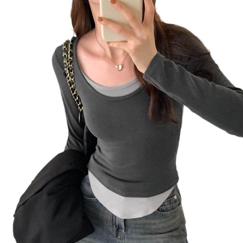 设计感圆领长袖T恤女假两件拼色小众洋气2025春秋新款百搭ins上衣