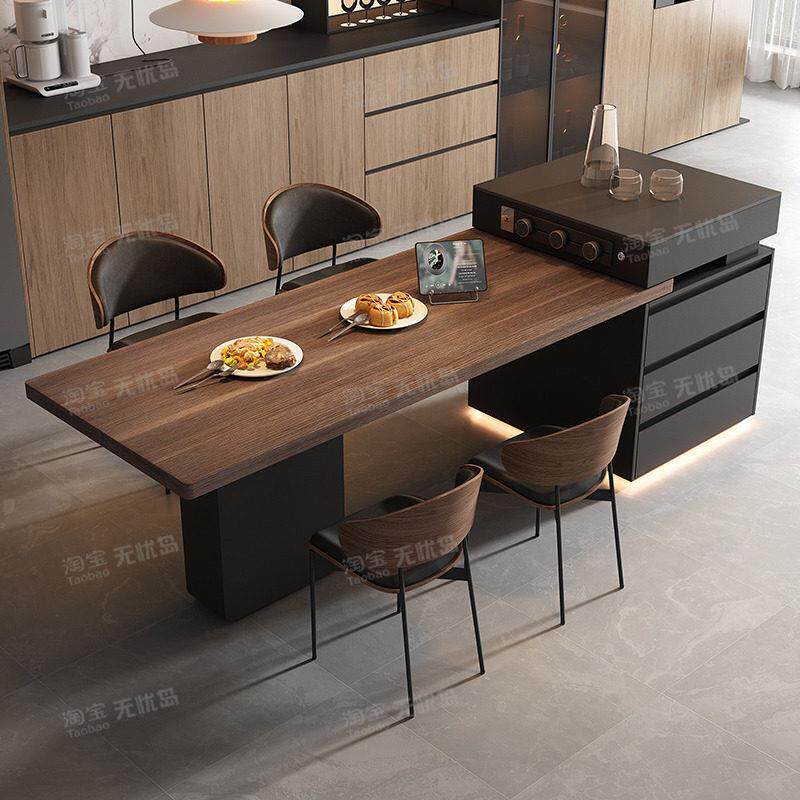 意式极简胡桃木纹岩板可伸缩岛台餐桌一体家用微波炉多功能中导台