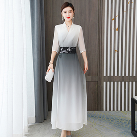 2023中国风长裙中式茶服修身汉服改良渐变色真丝桑蚕丝连衣裙