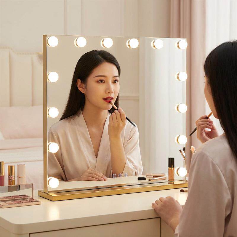 跨境台式led带灯泡镜子金色不锈钢梳妆镜好莱坞化妆镜补光美妆镜