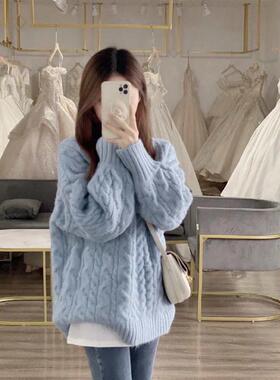 2023新款v领奶蓝色软糯麻花毛衣女秋冬内搭慵懒风高级感宽松加厚