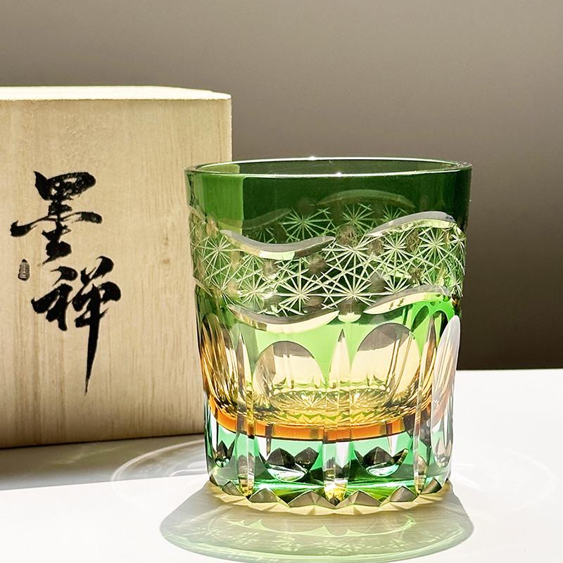江户切子绿色曙光手工雕刻玻璃杯水晶玻璃杯高端个性雕花威士忌杯