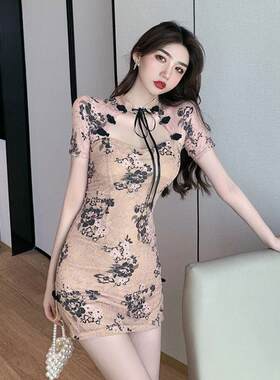 主播服装夏季法式年轻款少女性感镂空短款蕾丝旗袍改良版连衣裙