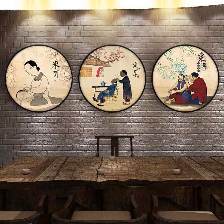 采耳画壁挂墙画中式画报美容院修脚养生店装饰木边框墙画非泡沫画