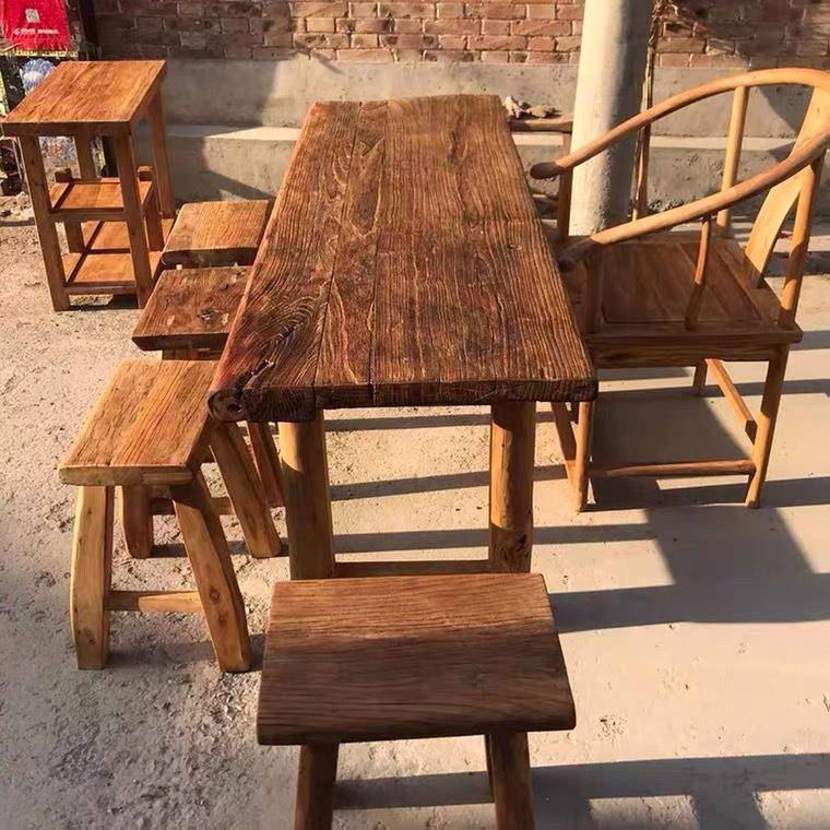 新中式老榆木餐桌餐厅复古怀旧风餐桌椅子组合家用老榆木餐厅桌椅