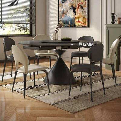 黑色PCU岩餐桌可变圆桌现板代简约家户小型方圆两用旋转伸缩用圆