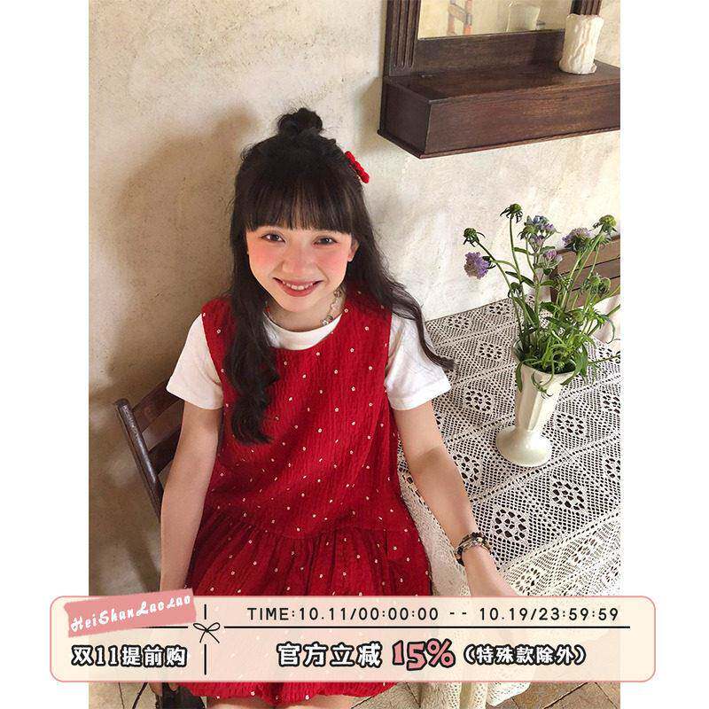 嘿山姥姥 红色背心连衣裙女春夏学院风小个子复古甜美可爱a字短裙