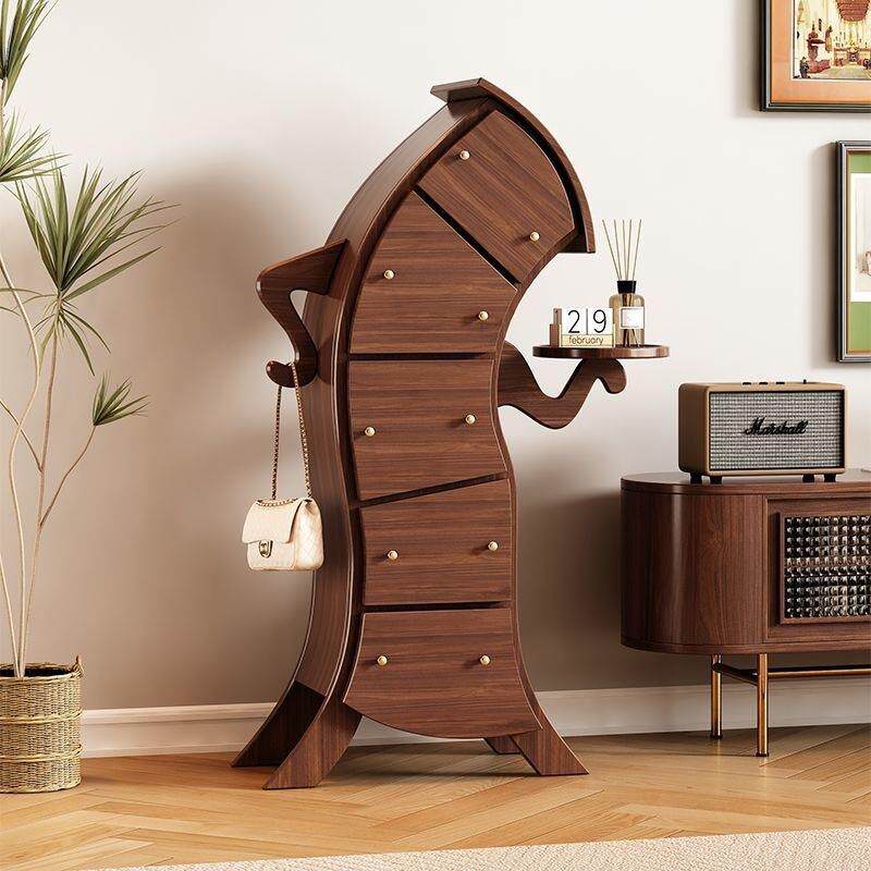 叉腰柜子实木叉腰机器人柜客厅储物柜沙发侧边柜中古歪脖子五斗柜