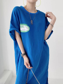 韩国东大门夏季复古减龄前后字母印花设计宽松休闲短袖T恤连衣裙