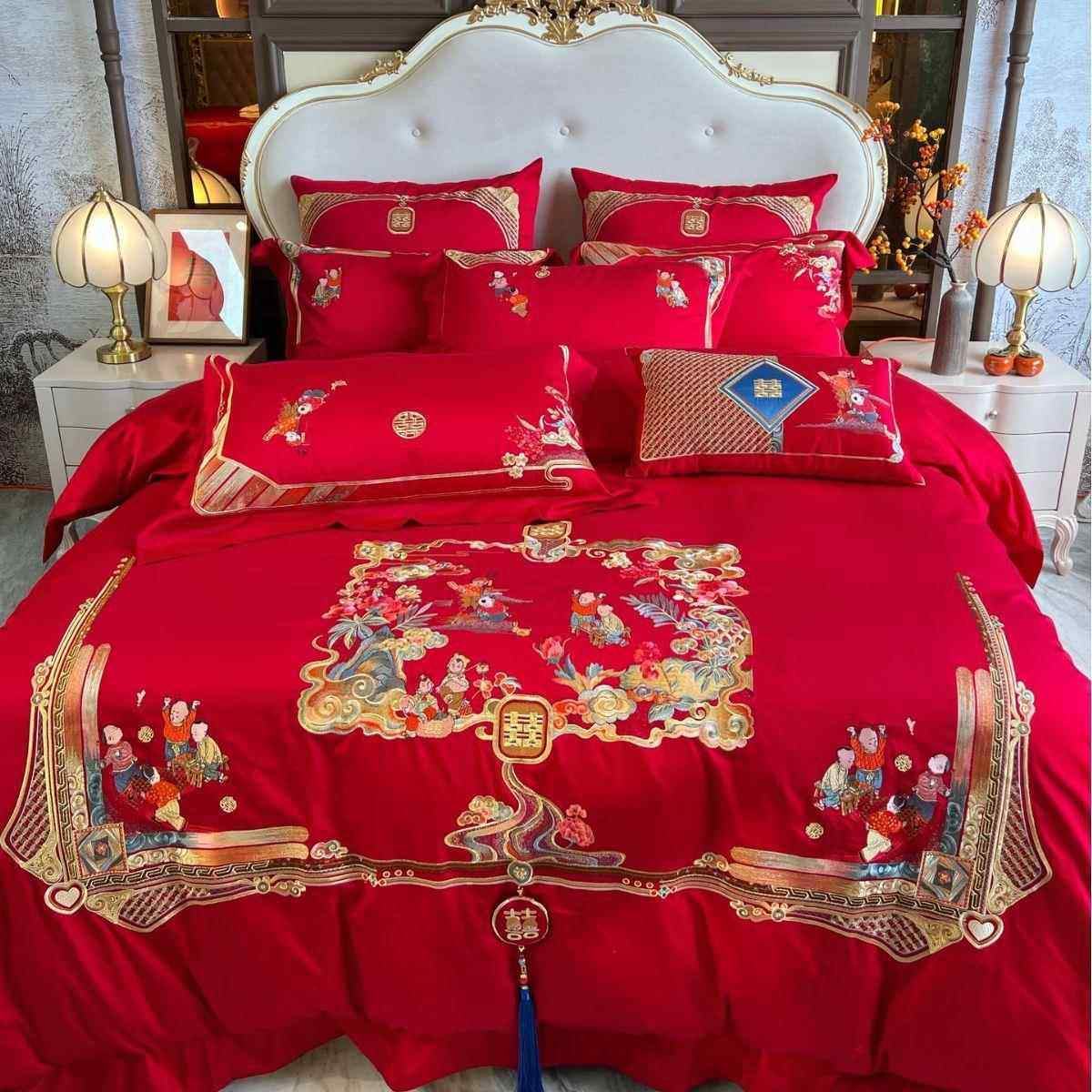 结婚六婚件婚套庆上用品百子图四件套被套100支H1153红色礼大红嫁