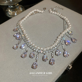 巴洛克锆石珍珠镶钻水滴形吊坠项链，时尚设计感颈链，锁骨链气质项饰