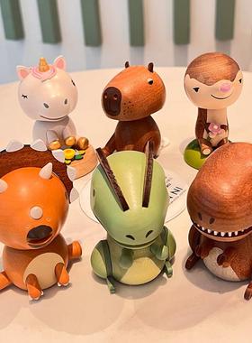 森活木质有趣车载摇头摆件中控台汽车内饰饰品实木弹簧恐龙情人节