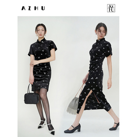 AZHU  jue美新中式刺绣弹力丝绒旗袍女新中式黑色连衣裙长短/款