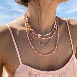 波西米亚复古民族风小众彩色天然石珍珠串珠项链粉色叠戴饰品度假