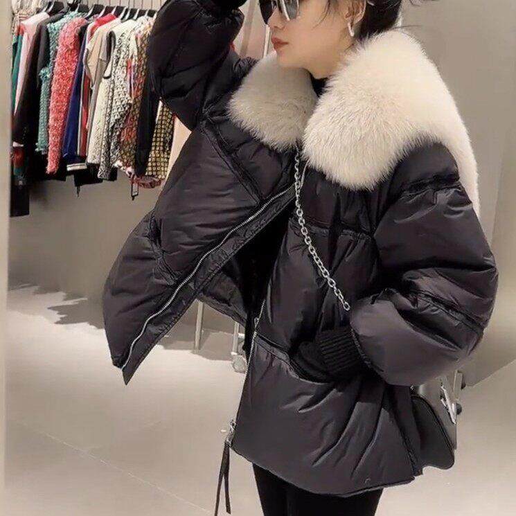 香港2025冬仿狐狸毛领宽松时尚短款羽绒服外套白鸭绒加厚保暖大衣