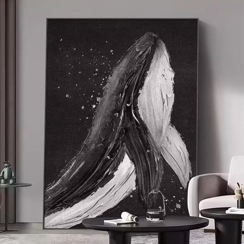 纯手绘油画黑白鲸鱼客厅装饰画高档入户玄关挂画走廊过道抽象画