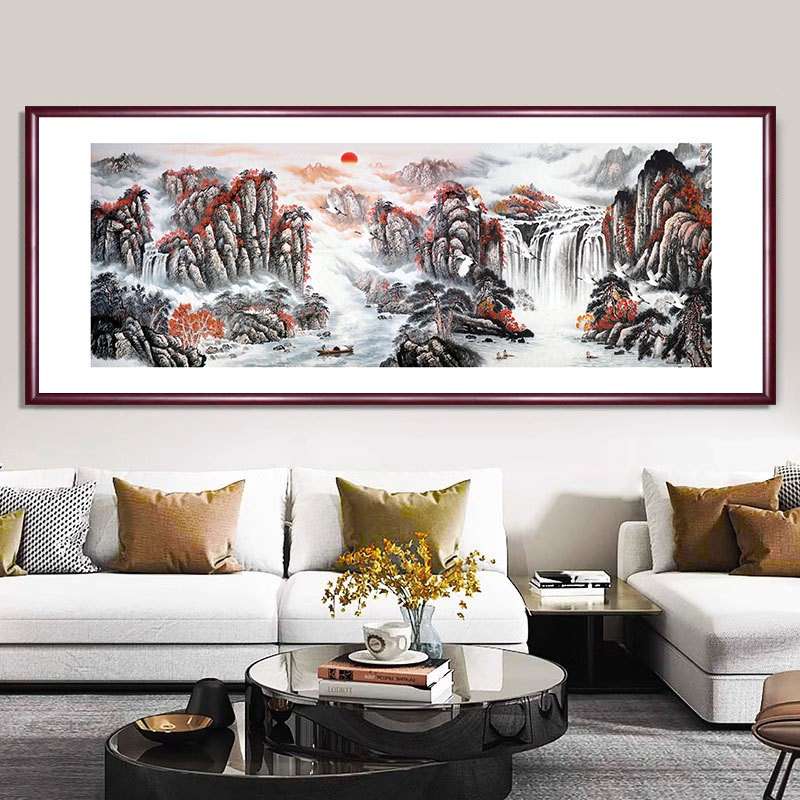实木框宣纸书房玄关背景国画山水墙办公室壁画挂画装饰画批量