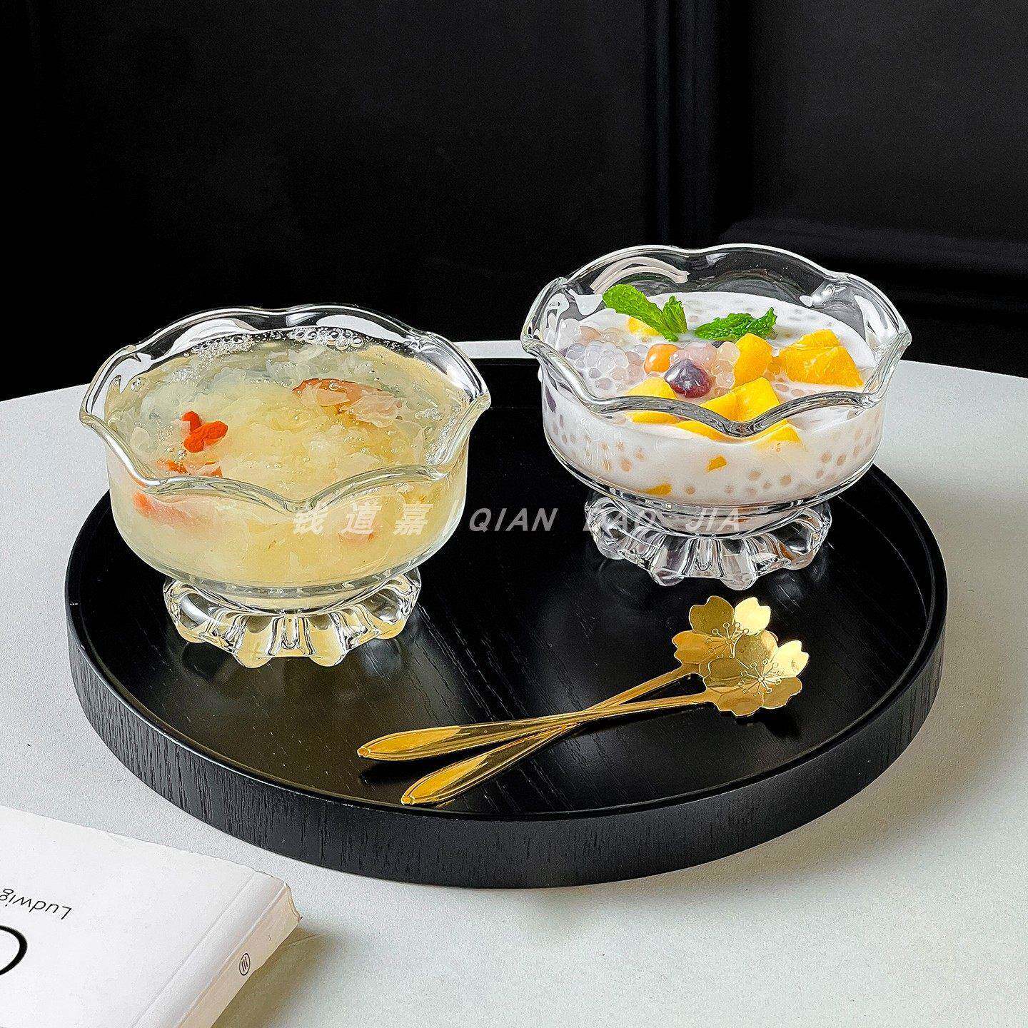ins风玻璃甜品碗早餐碗家用百合花燕窝碗套装高颜值创意糖水碗
