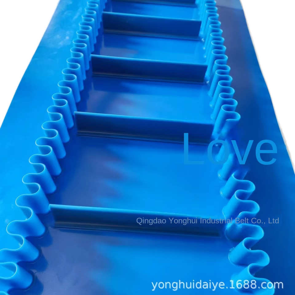 蓝色裙边pu蓝色pvc挡板 爬坡输送带加工提升机输送带耐磨