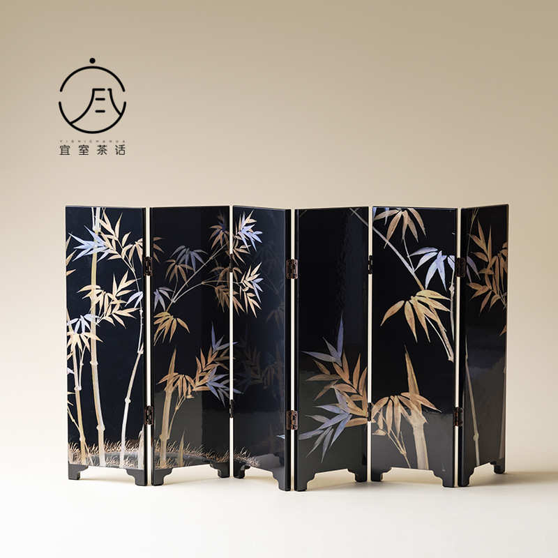 宜室茶话茶空间茶桌双面小屏风摆件中国风复古茶台漆器茶道零配件