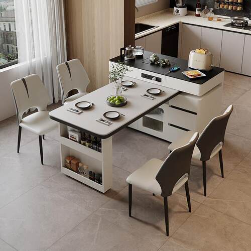 2025新款岩板岛台餐桌一体式小户型家用厨房可旋转伸缩多功能餐桌