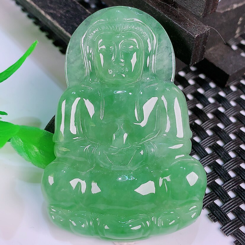 缅甸天然真品翡翠冰满绿满色高端精品珠宝闪拍正装大观音玉石吊坠