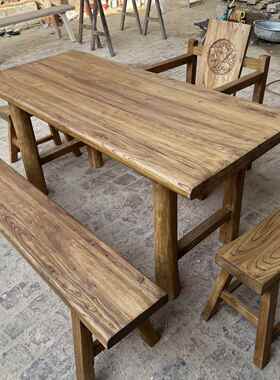 老木榆木门板茶桌办公室茶实木桌风旧板ESB复古化餐喝桌原木茶台