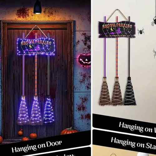 万圣CUW节门牌魔法把墙壁标识挂件万圣扫发光女巫扫示牌帚指停车