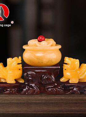 聚宝盆黄玉皮绣饰品，一对家居客厅入口装饰工艺品店乔迁开幕礼品