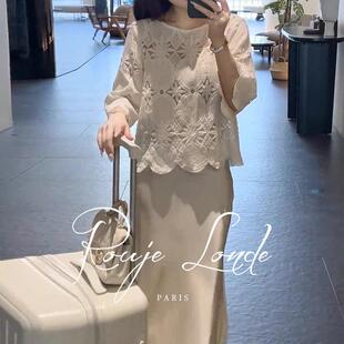 ROUJE LONDE设计感镂空短袖上衣女夏季气质显瘦减龄刺绣蕾丝衬衫