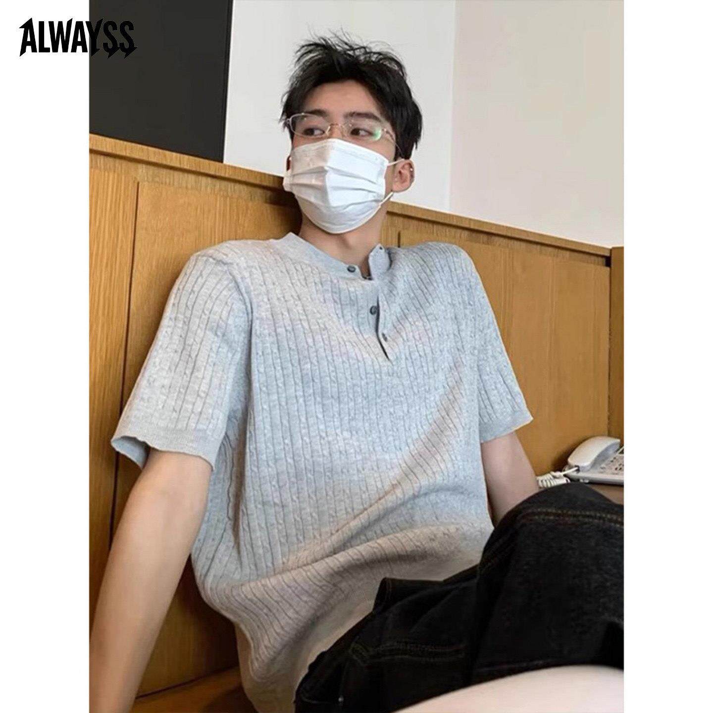 浅灰色亨利领针织短袖T恤男夏季新款高级感复古POLO衫男休闲上衣