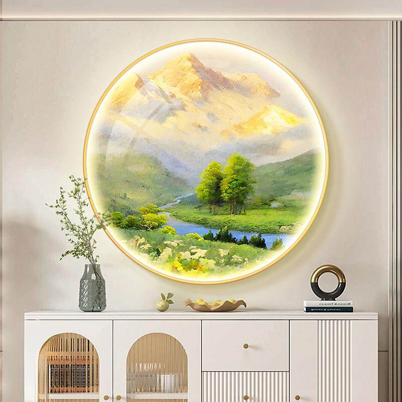 背靠金山圆形灯画高档大气山水风景玄关画简约现代LED带灯装饰画