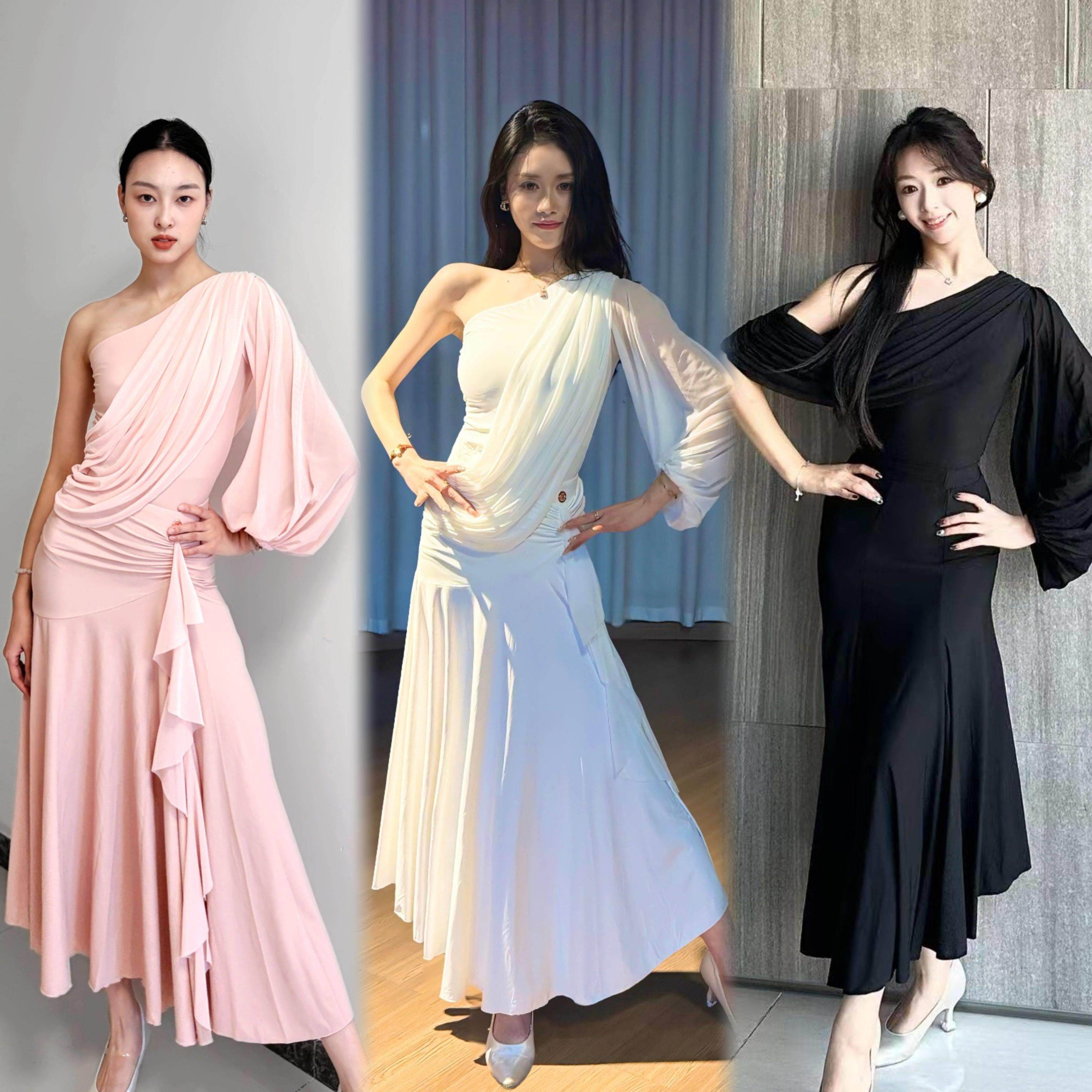yixi舞服摩登舞服新款练功服演出班服粉斜肩灯笼袖上衣荷叶边半裙