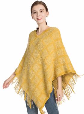 Tassel plaid knitted shawl, women's warm pullover cloak
