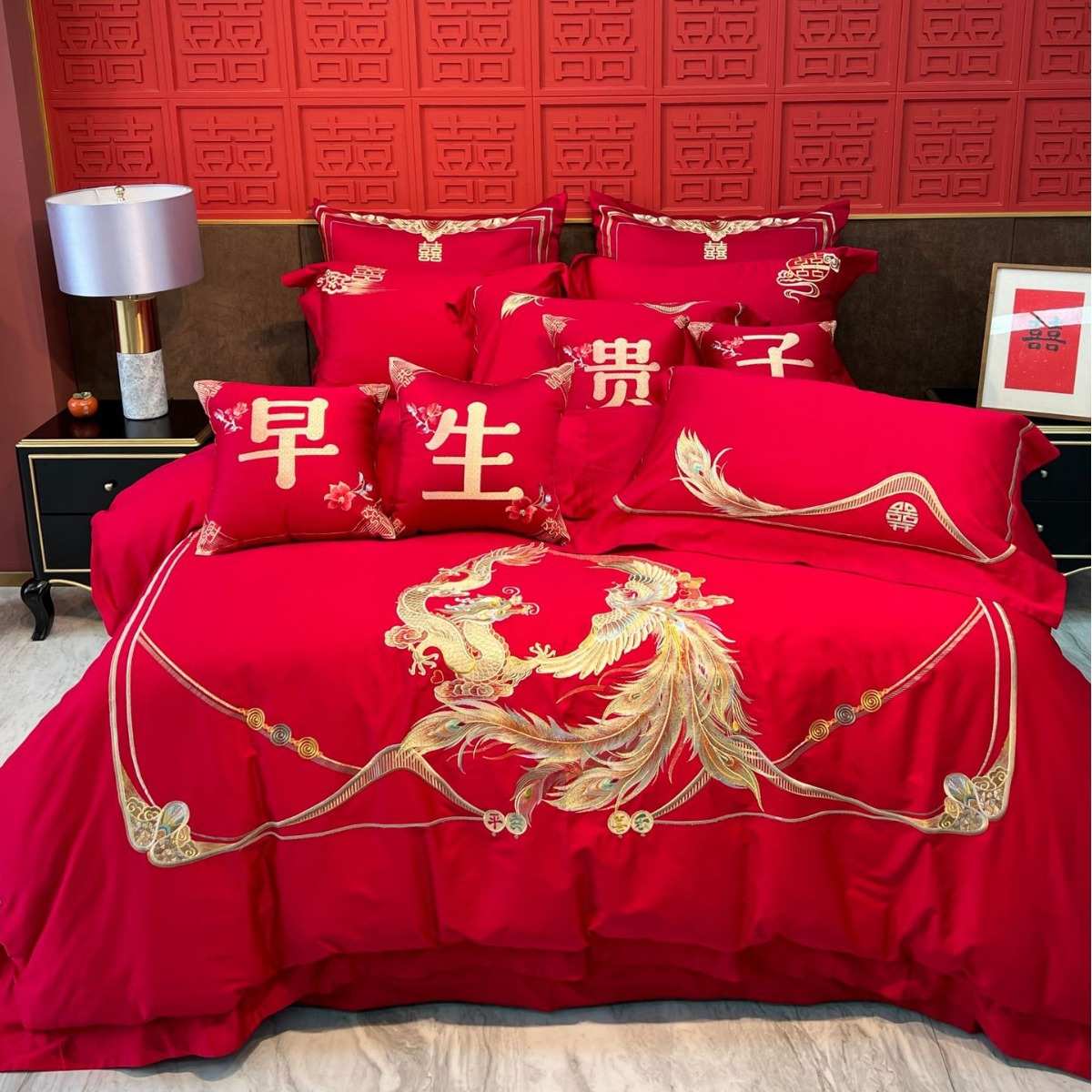 新100件套被套支棉抱全龙凤枕婚红色新房四布置中式备早生贵子