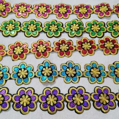 4.7CM宽 彩色花朵亮珠片长条熨烫补丁布贴 服装镶边装饰背胶花边