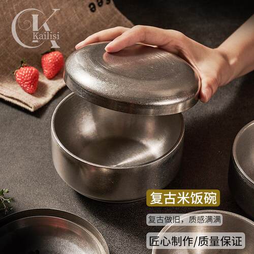 304复古不锈钢韩式米饭碗带盖碗 家用创意双层汤碗儿童料理泡菜碗