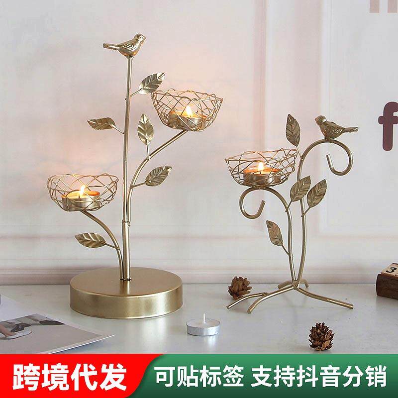 北欧铁艺金色小鸟香薰烛台摆件浪漫餐桌桌面装饰蜡烛台小摆设