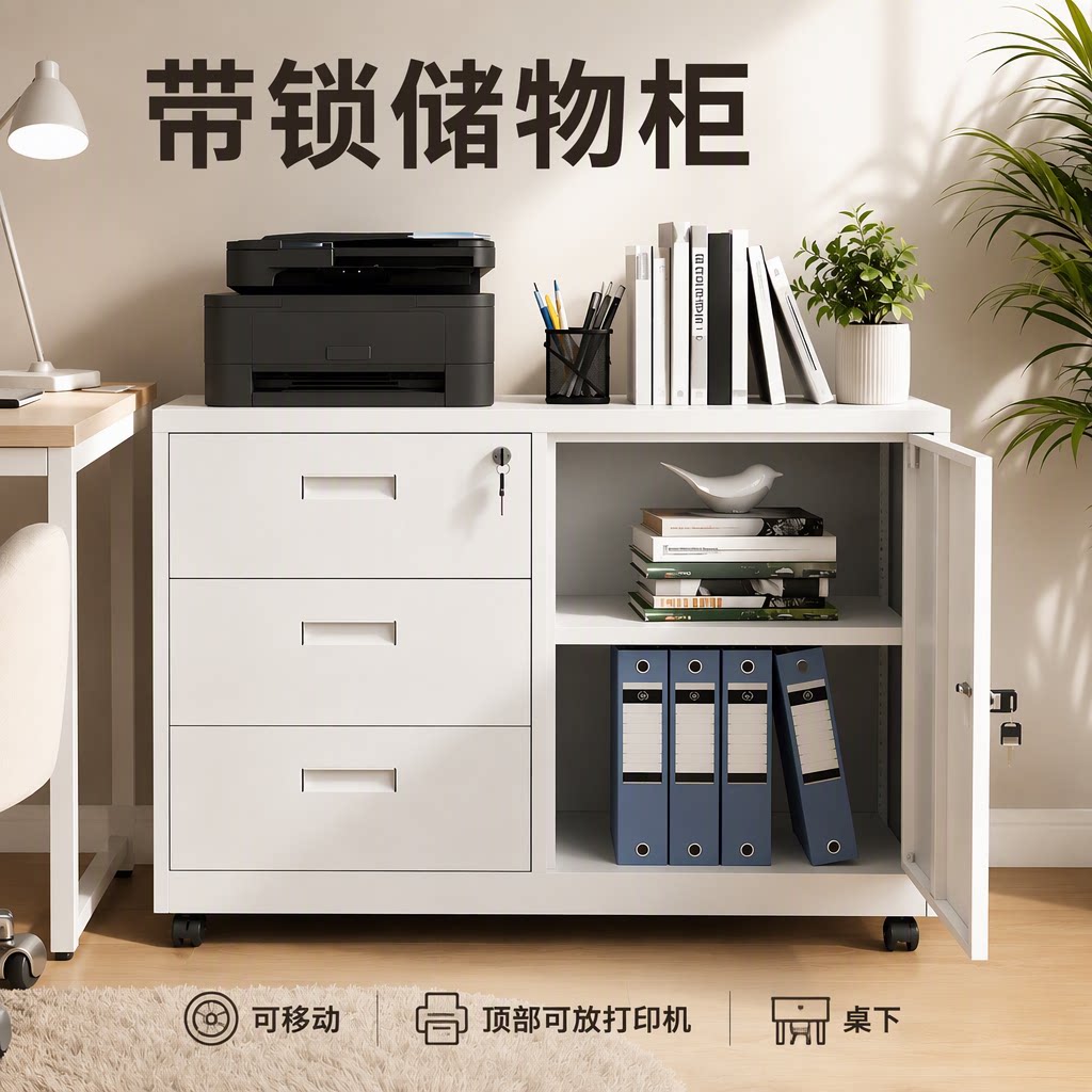 办公矮柜铁皮文件柜桌下资料柜三抽屉带锁储物柜可放打印机活动柜