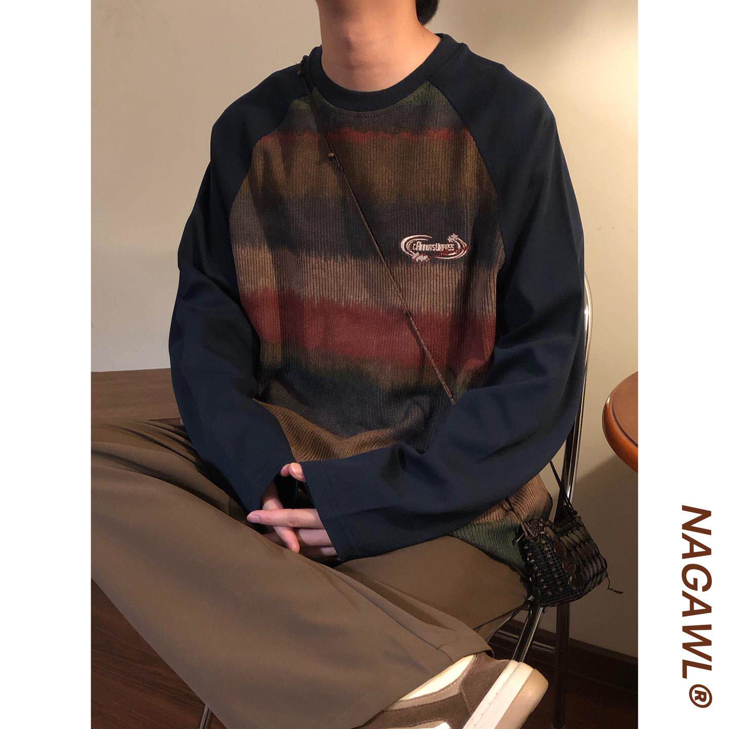 NAGAWL秋季美式复古拼接宽松拼色渐变圆领插肩袖套头长袖卫衣男女