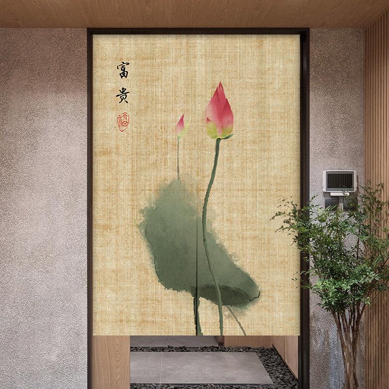 中式门帘荷花复古棉麻布艺挂帘中国风客厅隔断帘卧室茶室装饰布帘