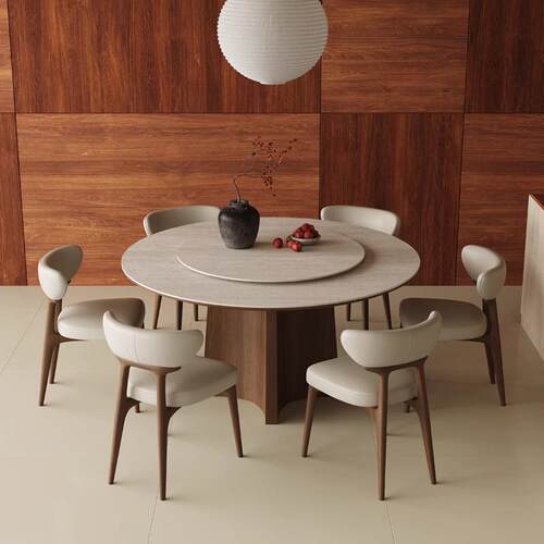 复古风洞石岩板圆餐桌椅组合家用客厅高端圆形饭桌带转盘实木圆桌