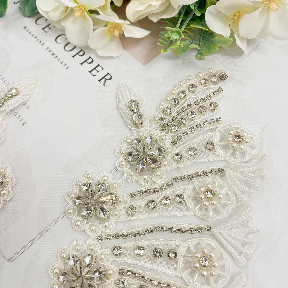 白色重工钉珠手缝钻立体花朵蕾丝花边对花辅料高档服装钻饰贴片