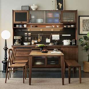 北美黑胡桃木实木餐边柜樱桃木原木可嵌入餐桌靠墙一体储物餐边柜