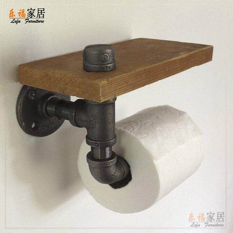 复古铁艺浴室上墙纸巾架卫生间壁挂厕纸架置物架实木水管卷纸架